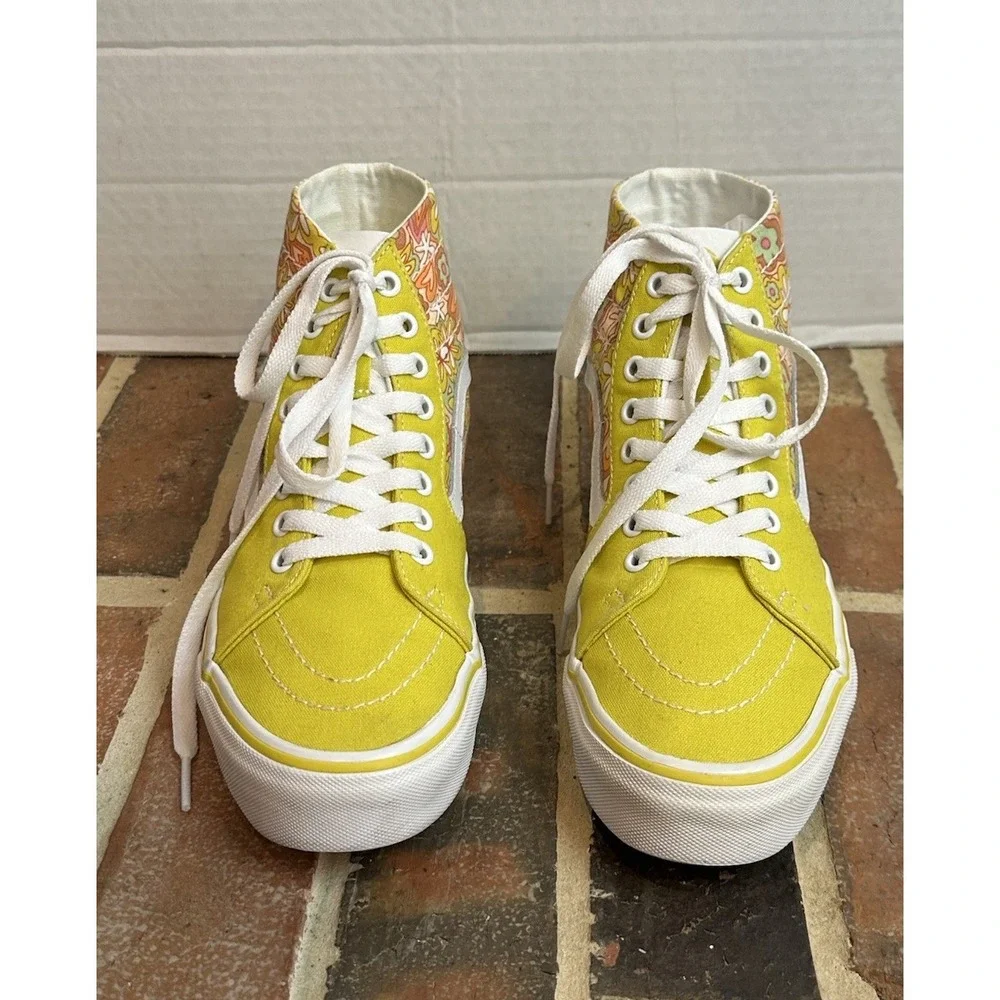 Vans Sk8-Hi Tapered Yellow High Top Sneakers Retro 70s Floral Paisley Shoes Wm 8